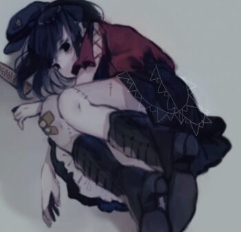 1girl bandaid bandaid_on_knee bandaid_on_leg black_boots black_eyes black_hair black_skirt boots commentary_request empty_eyes fetal_position fingernails full_body grey_background grey_hat hat hat_ornament jiangshi lying miyako_yoshika newsboy_cap ofuda ofuda_removed on_side red_shirt shinjitsu_no_kuchi shirt short_hair short_sleeves simple_background skirt solo star_(symbol) star_hat_ornament stitches touhou