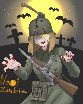 ammunition_pouch assault_rifle bat_(animal) belt blonde_hair bmp_2 cross english_text fake_blood fang fingernails glowing glowing_eye gun gun_sling halloween halloween_costume helmet highres iron_cross long_fingernails one_eye_covered original outstretched_arms pouch red_nails rifle stg44 tombstone weapon wehrmacht world_war_ii yellow_eyes zombie_costume zombie_pose