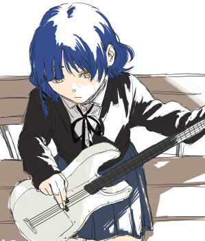 1girl absurdres bass_guitar black_jacket black_ribbon blazer blue_hair blue_skirt blunt_bangs bocchi_the_rock! buttons closed_mouth collared_jacket collared_shirt commentary_request cowboy_shot dress_shirt expressionless fender_precision_bass fingernails hair_ornament hairclip high-waist_skirt highres instrument jacket krmtknkoo1582 light_frown long_sleeves looking_ahead miniskirt mole mole_under_eye music neck_ribbon on_bench playing_bass_guitar playing_instrument pleated_skirt ribbon school_uniform shadow shimokitazawa_high_school_uniform shirt short_hair short_hair_with_long_locks single_sidelock sitting skirt sleeves_past_wrists solo v-neck white_background white_shirt yamada_ryo yellow_eyes