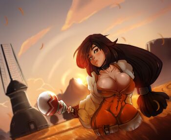 1girl black_hair bodysuit breasts bursting_breasts cleavage final_fantasy final_fantasy_ix garnet_til_alexandros_xvii highres large_breasts long_hair looking_at_viewer outdoors princess reliusmax skin_tight solo thick_thighs thighs tight_clothes wide_hips