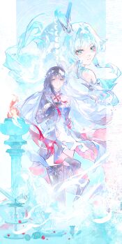 Rule 34 | 2girls, absurdres, aijiang013, black hair, black thighhighs, blue dress, blue eyes, blue hair, breasts, cerydra (honkai: star rail), crown, dress, fire, gloves, hair intakes, highres, honkai: star rail, honkai (series), hysilens (honkai: star rail), incredibly absurdres, long hair, medium breasts, multiple girls, red gloves, smile, thighhighs, thighs, very long hair