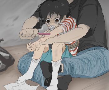 2boys age_difference arm_behind_back bdsm behind_another black_hair black_shirt black_socks blue_shorts bondage bound bruise_on_wrist commentary_request crying crying_with_eyes_open denim full_body furrowed_brow gag gagged gloom_(expression) grabbing_from_behind heavy_breathing highres holding_another's_arm holding_razor_blade imminent_injury improvised_gag indian_style indoors jeans kidnapped knees_up looking_at_object male_focus multiple_boys no_shoes nommom17ll on_floor onii-shota original outstretched_arm panicking pants razor_blade restrained reverse_ryona rope_around_waist rope_marks sadism shibari shibari_marks shirt short_hair short_sleeves shorts shota sitting sitting_on_lap sitting_on_person socks solo_focus striped_clothes striped_shirt tears trash_bag very_short_hair white_socks wide-eyed wooden_floor wrist_cutting yaoi