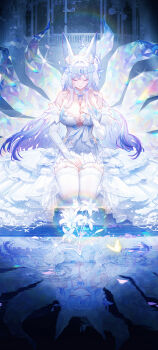 Rule 34 | 1girl, absurdres, animal ear fluff, animal ears, bare shoulders, blue hair, blue nails, breasts, bug, butterfly, chinese commentary, cleavage, closed eyes, closed mouth, commentary request, detached sleeves, dress, flower, fox ears, fox girl, hair ornament, hand on lap, hand on own chest, highres, indoors, insect, jianshu, kitsune, kyuubi, large breasts, long hair, long sleeves, multiple tails, nail polish, original, petals, petals on liquid, purple petals, reflection, reflective liquid, ripples, seiza, sitting, smile, solo, tail, thighhighs, thighs, very long hair, white dress, white flower, white thighhighs, yellow butterfly