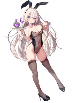 1girl :q animal_ears bare_shoulders black_leotard black_shoes blue_eyes bow bowtie breasts brown_thighhighs cleavage closed_mouth commentary_request covered_navel detached_collar fake_animal_ears full_body gluteal_fold hairband high_heels highleg highleg_leotard highres indie_virtual_youtuber large_breasts leotard long_hair looking_at_viewer love_potion nen_0405 playboy_bunny rabbit_ears see-through_clothes see-through_leotard shoes simple_background skindentation smile solo strapless strapless_leotard thighhighs thighs tongue tongue_out translucent_bunnysuit tsukimachi_nyamo very_long_hair virtual_youtuber white_background white_hair wrist_cuffs