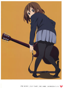 Rule 34 | 1girl, absurdres, back, black pantyhose, blazer, brown eyes, brown hair, electric guitar, gibson brands inc, gibson les paul, guitar, hair ornament, hairclip, highres, hirasawa yui, horiguchi yukiko, instrument, jacket, k-on!, leaning, official art, pantyhose, sakuragaoka high school uniform, scan, school uniform, short hair, simple background, skirt, solo, third-party source, winter uniform