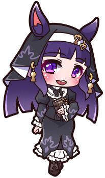 1girl :d absurdres animal_ear_fluff animal_ears black_jacket black_shoes black_skirt blush book chibi commentary_request ears_through_headwear frills full_body highres holding holding_book jacket juliet_sleeves kasumi_(princess_connect!) long_hair long_sleeves looking_at_viewer open_mouth princess_connect! puffy_sleeves purple_eyes purple_hair round_teeth saishosaisekojo shoes simple_background skirt sleeves_past_wrists smile solo standing teeth upper_teeth_only veil very_long_hair white_background