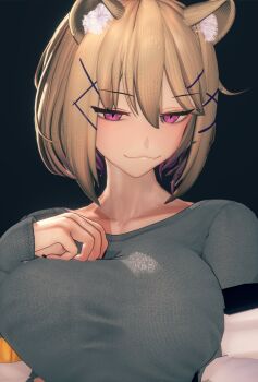 1girl 3d :3 animal_ear_fluff animal_ears arknights blonde_hair breasts cat_ears collarbone fang grey_shirt highres jacket kknamaco large_breasts looking_at_viewer medium_hair multicolored_hair purple_eyes purple_hair shirt smug utage_(arknights) white_jacket