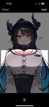 Rule 34 | 1girl, @ @, absurdres, asymmetrical horns, black hair, black skirt, blue hair, blush, breasts, cleavage, colored inner hair, demon horns, fake phone screenshot, fake screenshot, highres, hololive, hololive english, horns, large breasts, long hair, looking at viewer, meme, mole, mole under eye, multicolored hair, nerissa ravencroft, nerissa ravencroft (casual), nervous smile, office lady, official alternate costume, official alternate hairstyle, red eyes, seion, shirt, skirt, smile, solo, stuck, sweatdrop, twitter header won't fit (meme), virtual youtuber, white shirt