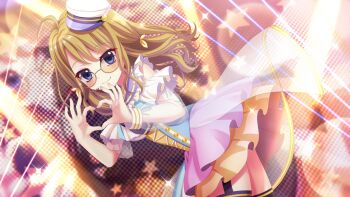 1girl ahoge bent_over black_garter_straps black_thighhighs blonde_hair blue_corset blue_eyes closed_mouth corset cowboy_shot dot_nose dress fang film_grain frilled_dress frills from_side furumi_chie game_cg garter_straps glasses hat headset heart heart_hands idol idol_clothes izumi_tsubasu layered_skirt lens_flare long_hair looking_at_viewer mini_hat non-web_source official_art orange-tinted_eyewear orange_skirt purple_skirt re:stage! sailor_hat screen see-through_clothes see-through_skirt_layer see-through_sleeves skin_fang skirt smile solo sparkle stage_lights star_(symbol) thighhighs tilted_headwear tinted_eyewear white_dress white_hat zettai_ryouiki