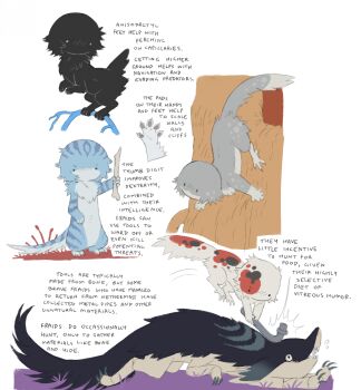 animal_focus black_fur blue_fur bone bonk climbing commentary creature english_commentary english_text extra_legs fluffy fraid frown grey_fur highres holding holding_bone hunting jejejunum multicolored_fur neck_fur no_humans no_mouth no_nose original perching purple_grass red_fur red_grass solid_circle_eyes spotted_fur standing striped_fur tail teeth tree white_background