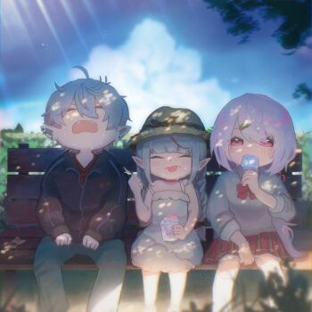 1boy 2girls ahoge bare_arms bare_shoulders black_jacket blue_sky braid brain_freeze brown_cardigan brown_hat cardigan closed_eyes cloud cloudy_sky collared_shirt cup day disposable_cup dress ear_piercing earrings eyes_visible_through_hair facing_viewer feet_out_of_frame food grey_pants hat highres holding holding_cup holding_food holding_spoon jacket jewelry kiduta_cielo kneehighs kuzuha_(1st_costume)_(nijisanji) kuzuha_(nijisanji) long_hair looking_at_viewer low_twintails makaino_ririmu makaino_ririmu_(3rd_costume) multiple_girls nijisanji on_bench outdoors pants piercing pointy_ears popsicle purple_eyes red_shirt red_skirt shaved_ice shiina_yuika shiina_yuika_(1st_costume) shirt sitting skirt sky sleeveless sleeveless_dress socks spoon strap_slip straw_hat track_jacket twin_braids twintails very_long_hair virtual_youtuber white_dress white_shirt white_socks