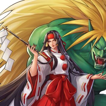 Rule 34 | 1girl, black hair, detached sleeves, female focus, gohei, hakama, hakama skirt, headband, highres, japanese clothes, long-haired neighbor girl (tachiinu), miko, official art, rashoujin mizuki, red hakama, retro artstyle, samurai spirits, shide, skirt, snk, solo, wide sleeves