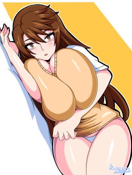 1girl absurdres artist_name breasts brown_eyes brown_hair commission highres huge_breasts long_hair looking_at_viewer lying nyan_koi! open_mouth panties senak012 shirt short_sleeves signature solo sumiyoshi_kanako sweater_vest underwear white_shirt