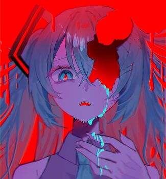 Rule 34 | 1girl, aqua eyes, aqua hair, aqua necktie, bare shoulders, collared shirt, commentary request, cracked skin, grey shirt, hair between eyes, hatsune miku, highres, marshmallow (vocaloid), necktie, neu 427, one-eyed, open mouth, red background, red pupils, shirt, solo, straight-on, twintails, upper body, vocaloid