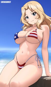 Rule 34 | 1girl, absurdres, american flag, american flag bikini, american flag print, arm support, beach, bikini, blonde hair, blue eyes, blue sky, breasts, clear sky, cleavage, collarbone, covered erect nipples, day, feet out of frame, flag print, flag print bikini, girls und panzer, highres, kay (girls und panzer), large breasts, long hair, looking at viewer, lucasddst, navel, ocean, outdoors, print bikini, seductive smile, side-tie bikini bottom, sitting, sky, smile, solo, string bikini, swimsuit, thong bikini