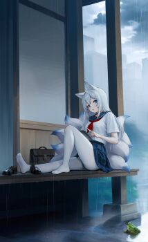 1girl absurdres animal_ear_fluff animal_ears backpack bag blush breasts fox_ears fox_tail frog highres kitsune kumachi_(aikawaakeya) kyuubi loafers long_hair looking_at_viewer medium_breasts multiple_tails necktie open_mouth original outdoors pantyhose pleated_skirt rain red_necktie sailor_collar school_uniform shirt shirt_overhang shoes short_sleeves sitting skirt solo tail very_long_hair white_hair white_pantyhose white_shirt