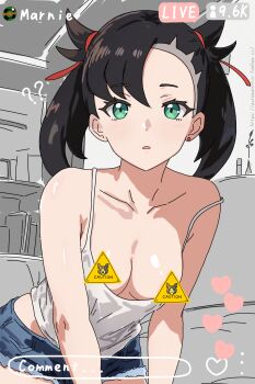 1girl :o asymmetrical_bangs black_hair breast_slip breasts camisole caution censored character_censor collarbone denim denim_shorts gen_8_pokemon green_eyes guchapin hair_ribbon heart highres indoors leaning_forward livestream looking_at_viewer marnie_(pokemon) morpeko morpeko_(full) nintendo novelty_censor parted_lips pokemon pokemon_swsh red_ribbon ribbon short_shorts shorts sign small_breasts solo strap_slip twintails undercut warning_sign white_camisole