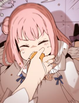 2girls angel_wings black_shoes blue_archive blue_bow blue_bowtie bow bowtie bright_pupils cake closed_eyes dress feathered_wings feeding flying_sweatdrops food food_in_mouth footwear_bow force-feeding hair_bun halo highres holding holding_cake holding_food kneeling long_hair mika_(blue_archive) multiple_girls nagisa_(blue_archive) nns_(sobchan) pink_hair pink_halo purple_bow shoes single_side_bun sweatdrop swiss_roll torture v-shaped_eyebrows white_dress white_pupils white_wings wings