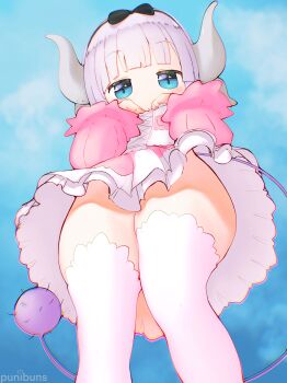 1girl absurdres artist_name black_hairband blue_eyes blue_sky blunt_bangs bottomless bow_hairband chromatic_aberration clenched_hands clitoris closed_mouth dragon_girl dragon_horns dress foreshortening from_below hairband hands_up highres horns kanna_kamui kobayashi-san_chi_no_maidragon loli looking_at_viewer looking_down microdress pink_dress punibuns purple_hair purple_tail sky solo thighhighs thighs upskirt white_thighhighs