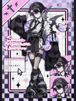 1boy black_hair black_jacket black_necktie black_shoes black_skirt black_socks closed_mouth collared_shirt commentary commission crossdressing crossdressing_(mtf) full_body grid_background hair_between_eyes hand_up highres jacket kaminoq long_sleeves looking_at_viewer male_focus necktie off_shoulder open_clothes open_jacket original pleated_skirt purple_eyes shirt shoes short_hair skirt socks solo spiked_shoes spikes standing suspender_skirt suspenders thigh_strap watermark white_background white_shirt