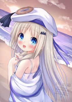 Rule 34 | 1girl, bat hair ornament, beach, blue eyes, blush, camisole, commentary, dusk, dutch angle, fang, from behind, grey hair, hair ornament, highres, kud wafter, kudpoid (71139), little busters!, long hair, looking at viewer, noumi kudryavka, ocean, open mouth, outdoors, spaghetti strap, watermark, white camisole