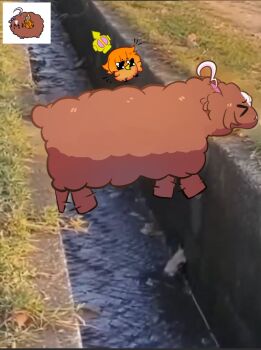 &gt;_&lt; ahoge animal_focus animalization awooogie beak bird brown_fur brown_hair closed_eyes crown grass hairband meisho_doto_(umamusume) mini_crown multicolored_hair orange_hair photo-referenced photo_inset pink_crown pink_hairband recursive_animalization sheep stuck t.m._opera_o_(umamusume) tail umamusume water white_hair wings