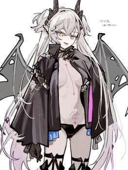 1girl black_cloak black_hands black_panties black_thighhighs body_markings breasts choker cloak colored_extremities commentary_request crossed_bangs demon_girl demon_horns demon_wings ear_piercing fate/grand_order fate_(series) green_eyes grey_hair hair_between_eyes highres horns lilith_(fate) lilith_(second_ascension)_(fate) long_hair looking_at_viewer medium_breasts navel panties piercing pointy_ears rizu033 smile solo stomach_tattoo tattoo thighhighs thighs twintails underwear very_long_hair wings