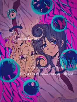 2girls alternate_costume alternate_eye_color alternate_hair_length_(longer) bandaid bandaid_on_face black_hair blonde_hair blue_eyes bow branch capelet chinese_commentary clasp closed_mouth collared_shirt commentary_request crystal_wings english_text flandre_scarlet gap_(touhou) hair_bow hakurei_reimu hat highres houraisan_kaguya jeweled_branch_of_hourai kirisame_marisa long_hair looking_at_viewer maribel_hearn missing_headwear multiple_girls necktie open_mouth oriharareimu partial_commentary pink_background purple_eyes red_bow red_necktie shirt silhouette smile soap_bubbles star_(symbol) swirl touhou twintails usami_renko usami_sumireko white_capelet white_shirt wings yakumo_yukari