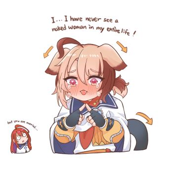 1boy 1girl ahoge animal_ears arrow_(symbol) black_gloves blonde_hair blush brown_hair cloak commentary crying dog_ears dog_girl dog_tail elizabeth_rose_bloodflame english_commentary english_text engrish_text enigmatic_recollection fangs fingerless_gloves fuyuu_seibutsu genderswap genderswap_(ftm) gigi_murin gigi_murin_(1st_costume) gloves hair_between_eyes highres hololive hololive_english index_fingers_together jacket multicolored_hair multicolored_jacket multiple_girls open_mouth orange_jacket raised_inner_eyebrows ranguage red_eyes red_hair sad simple_background surprised tail two-tone_hair two-tone_jacket upper_body virtual_youtuber white_background white_cloak yellow_jacket