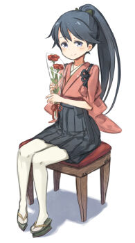 1girl amana_(pocketkey) black_hakama blue_eyes blue_hair commentary_request flower green_ribbon hair_ribbon hakama hakama_skirt holding holding_flower houshou_(kancolle) japanese_clothes kantai_collection kimono long_hair looking_at_viewer on_stool pantyhose ponytail red_flower red_kimono ribbon simple_background sitting skirt solo stool tasuki white_background white_pantyhose