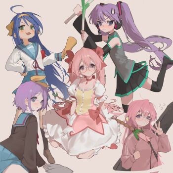 5girls armband bare_shoulders black_boots black_cardigan black_skirt black_socks blue_eyes blue_hair blue_sailor_collar blue_skirt bocchi_the_rock! boots bow bow_(weapon) cardigan commentary cosplay detached_sleeves dress_bow food gotoh_hitori gotoh_hitori_(cosplay) green_eyes grey_shirt hakun_(hak_kun) hatsune_miku hatsune_miku_(cosplay) headset highres hiiragi_kagami hiiragi_tsukasa holding holding_bow_(weapon) holding_food holding_spring_onion holding_vegetable holding_weapon izumi_konata jacket kaname_madoka kaname_madoka_(cosplay) kita_high_school_uniform loafers long_hair looking_at_viewer lucky_star magical_girl mahou_shoujo_madoka_magica mahou_shoujo_madoka_magica_(anime) multiple_girls nagato_yuki nagato_yuki_(cosplay) pink_background pink_hair pink_jacket pleated_skirt puffy_short_sleeves puffy_sleeves purple_hair red_armband round_eyewear sailor_collar school_uniform shirt shoes short_hair short_sleeves simple_background skirt sleeveless sleeveless_shirt socks spring_onion standing standing_on_one_leg suzumiya_haruhi suzumiya_haruhi_(cosplay) suzumiya_haruhi_no_yuuutsu sweatdrop takara_miyuki thigh_boots twintails v v-shaped_eyebrows vegetable vocaloid weapon white_shirt winter_uniform