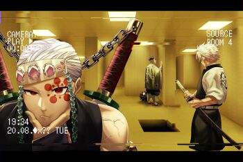 3boys backrooms_(creepypasta) belt black_hair closed_mouth clothes_writing demon_slayer_uniform english_text fingernails from_behind green_hair green_haori hand_on_wall haori highres himejima_gyoumei holding holding_sword holding_weapon hole indoors japanese_clothes kimetsu_no_yaiba letterboxed male_focus multiple_boys nanash_0 recording red_eyes shinazugawa_sanemi short_hair sword uzui_tengen veins weapon white_belt white_hair