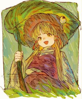 1girl :d absurdres blonde_hair commentary_request highres long_sidelocks long_sleeves looking_at_viewer medium_hair moriya_suwako oftooon open_mouth puffy_sleeves purple_skirt purple_vest pyonta shirt sidelocks skirt smile solo touhou turtleneck vest watermark white_shirt yellow_eyes