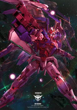 00_raiser absurdres aiming asteroid celestial_being character_name commentary energy_gun foreshortening full_body green_eyes gun gundam gundam_00 highres holding holding_gun holding_weapon mecha mecha_focus mf_draws mobile_suit no_humans outstretched_arms robot science_fiction solo space spread_arms star_(sky) trans-am v-fin weapon
