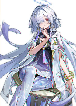 Rule 34 | 1girl, absurdres, amamiyayk, breasts, chinese commentary, colored eyelashes, commentary request, crossed legs, dress, earrings, feet out of frame, hair intakes, hair ornament, hair over one eye, halo, hand up, highres, id card, jacket, jewelry, long hair, looking at viewer, medium breasts, mornye (wuthering waves), parted lips, prosthesis, prosthetic leg, purple dress, red eyes, simple background, sitting, solo, triangle earrings, very long hair, white background, white jacket, wuthering waves