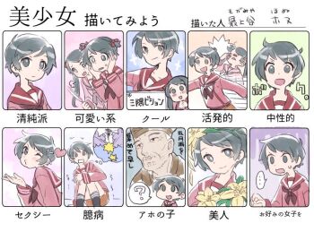 1boy 2girls ? black_eyes black_hair black_neckerchief black_socks brown_shorts character_request chart commentary_request cowboy_shot multiple_expressions feet_out_of_frame kantai_collection kneehighs let's_draw_pretty_girls_challenge long_hair long_sleeves looking_at_viewer mikuma_(kancolle) mogami_(kancolle) mogamiya_honu multiple_drawing_challenge multiple_girls multiple_views neckerchief open_mouth red_sailor_collar red_serafuku sailor_collar school_uniform serafuku short_hair shorts sitting socks spoken_question_mark swept_bangs translation_request twintails upper_body