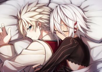 1boy 1girl absurdres blonde_hair closed_eyes closed_mouth collared_shirt fingernails green_eyes grimms_notes hair_between_eyes hetero highres hug morrigan_(grimms_notes) on_bed profile red_vest revol_(grimms_notes) ruisuke shirt short_hair spiked_hair upper_body vest white_shirt