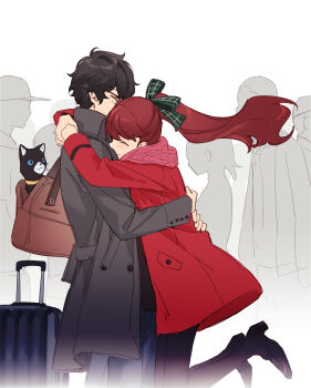 1boy 1girl absurdres amamiya_ren animal bag black-framed_eyewear black_cat black_hair blush brown_bag buttons cat closed_eyes closed_mouth commentary_request floating_hair from_side glasses green_ribbon grey_jacket hair_ribbon hetero highres hug in_bag in_container jacket long_hair long_sleeves messy_hair morgana_(cat)_(persona_5) morgana_(persona_5) persona persona_5 persona_5_the_royal pink_scarf ponytail red_hair red_jacket ribbon rolling_suitcase scarf short_hair smile suitcase tsubsa_syaoin tuxedo_cat yoshizawa_kasumi