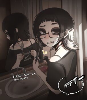 1girl absurdres alternate_hair_length alternate_hairstyle arched_bangs bare_shoulders bathroom black-framed_eyewear black_choker black_eyes black_hair black_shirt choker commentary cutting_hair cutting_own_hair english_commentary english_text glasses highres holding holding_own_hair holding_scissors indoors looking_at_viewer mikuneki mirror open_mouth original pov reflection riyo_kaede_(mikuneki) scissors semi-rimless_eyewear severed_hair shirt short_hair short_sleeves sink speech_bubble talking teeth under-rim_eyewear upper_body