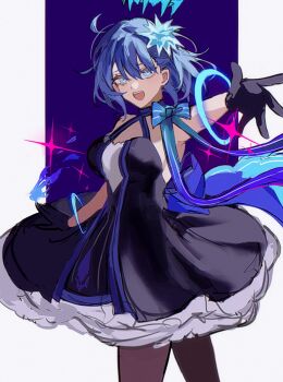 1girl :d ahoge back_bow backless_dress backless_outfit bare_shoulders black_dress black_gloves black_pantyhose blue_bow blue_eyes blue_hair bow breasts c.i.e.l_(fate) ciel_(tsukihime) dress fate/grand_order fate_(series) floating_headgear frilled_dress frills gloves hair_between_eyes hair_ornament halterneck hands_up headgear highres k_7s layered_dress looking_at_viewer medium_breasts open_mouth pantyhose reaching reaching_towards_viewer short_dress short_hair sleeveless sleeveless_dress smile solo sparkle star_ciel_(fate) train_(clothing)