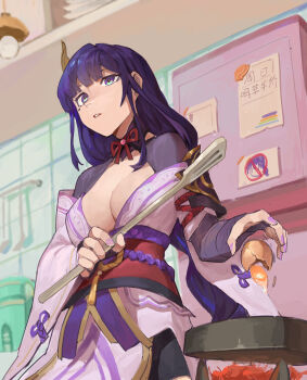 1girl absurdres armor blue_pupils blunt_bangs blurry blurry_background braid breasts bridal_gauntlets cleavage clothing_cutout commentary_request cooking crack cracked_egg egg fire from_below from_side genshin_impact hair_ornament highres holding holding_spatula indoors japanese_clothes kimono large_breasts lingerie long_braid looking_to_the_side mole mole_under_eye multicolored_eyes multicolored_hair neck_ribbon off_shoulder parted_lips purple_eyes purple_kimono purple_nails raiden_shogun red_ribbon red_sash ribbon rurz sash shade shoulder_armor shoulder_cutout single_braid solo spatula standing streaked_hair underwear upper_body