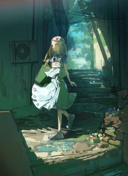 Rule 34 | 1girl, absurdres, alley, blue shirt, closed mouth, colored eyelashes, commentary request, condenser unit, contrast (idolmaster), dress, gakuen idolmaster, green bag, grey hair, hair ornament, headphones, headphones around neck, highres, holding strap, idolmaster, long hair, looking ahead, manhole, orange eyes, outdoors, ozumikan, parted bangs, pinafore dress, puddle, scenery, shinosawa hiro, shirt, shoes, short sleeves, sleeveless, sleeveless dress, solo, stairs, sunlight, t-shirt, tree, walking, white dress, white shoes, wide shot, x hair ornament