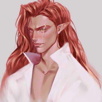 1boy a_court_of_thorns_and_roses_(series) absurdres adam&#039;s_apple artificial_eye facial_scar freckles frown_lines highres lips long_hair lucien_vanserra luverihu male_focus mechanical_eye nose philtrum pointy_ears red_hair scar scar_across_eye scar_across_eyebrow scar_on_cheek scar_on_face scar_on_mouth shirt simple_background solo white_shirt