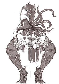 1girl anus ass ass_focus ass_grab anal_fluid censored corruption fishnets from_behind gaping gaping_anus gaping_pussy highres horns japanese_clothes lips long_hair looking_at_viewer looking_back nail_polish pointy_ears presenting presenting_anus presenting_pussy pussy pussy_juice pussy_juice_drip spread_anus spread_ass spread_legs spread_pussy squatting tentacles zerogura