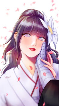 Rule 34 | 1boy, 1girl, absurdres, black hair, commentary, english commentary, flower, hair flower, hair ornament, hand on another's cheek, hand on another's face, hetero, highres, husband and wife, hyuuga hinata, iamdslr, japanese clothes, kimono, lipstick, long hair, makeup, naruto: the last, naruto (series), petals, ponytail, pov, pov hands, purple hair, raised inner eyebrows, red lips, signature, smile, tearing up, tears, uchikake, uzumaki naruto
