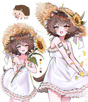 Rule 34 | 1girl, :3, absurdres, animal ears, bandaid, bandaid on arm, brown hair, collarbone, commentary, commentary request, cowboy shot, dress, english commentary, fang, feet out of frame, flower, frilled dress, frills, hair between eyes, hat, haze (7h4ze), hedgehog, hedgehog girl, highres, holding, holding flower, looking at viewer, medium hair, mixed-language commentary, multiple views, open mouth, original, personification, simple background, sleeveless, sleeveless dress, solo, spaghetti strap, straw hat, sunflower, sunflower hat ornament, translation request, white background, white dress, yellow eyes