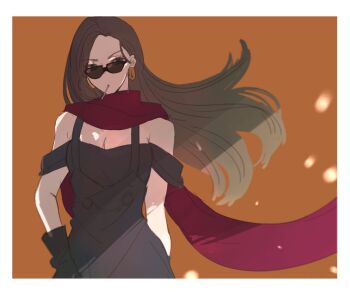 1girl black_dress black_gloves border brown_hair cigarette commentary_request cowboy_shot dress earrings eyelashes floating_hair gloves gradient_hair jewelry jojo_no_kimyou_na_bouken lisa_lisa long_hair looking_to_the_side multicolored_hair orange_background purple_scarf scarf solo sunglasses white_border yofuke_(mu_yume)