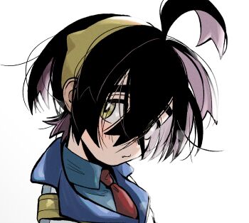 1boy black_hair blue_shirt blush closed_mouth collared_shirt commentary_request crossed_bangs hair_between_eyes hairband highres jacket kieran_(pokemon) looking_at_viewer male_focus multicolored_hair nintendo pokemon pokemon_sv purple_hair sa_(gtep5825) shirt simple_background solo upper_body white_background white_jacket yellow_eyes yellow_hairband