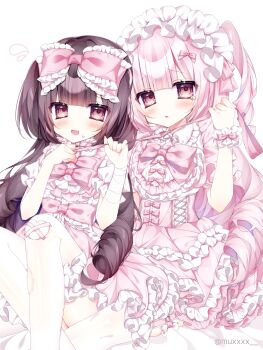 2girls absurdres artist_name bandage_on_knee bandaged_arm bandages blunt_bangs blush bow brown_eyes brown_hair dress frilled_bow frilled_dress frilled_wrist_cuffs frills furrowed_brow hair_bow highres holding_another's_hair lolita_fashion long_hair looking_at_viewer multiple_girls muxxxx one_side_up open_mouth original pantyhose pink_bow pink_dress pink_hair simple_background smile tearing_up torn_clothes torn_pantyhose white_background white_headdress wrist_cuffs