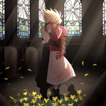 1boy 1girl aerith_gainsborough baggy_pants black_gloves black_pants black_shirt blonde_hair boots braid braided_ponytail brown_hair church closed_eyes cloud_strife commission couple dress falling_petals final_fantasy final_fantasy_vii final_fantasy_vii_rebirth final_fantasy_vii_remake flower gloves green_eyes hair_between_eyes hair_ribbon half-closed_eyes hetero highres hug jacket lily_(flower) long_dress long_hair pants parted_bangs petals pink_dress pink_ribbon red_jacket revauri ribbon shirt short_hair single_bare_shoulder single_braid spiked_hair stained_glass standing sunlight yellow_flower yellow_petals